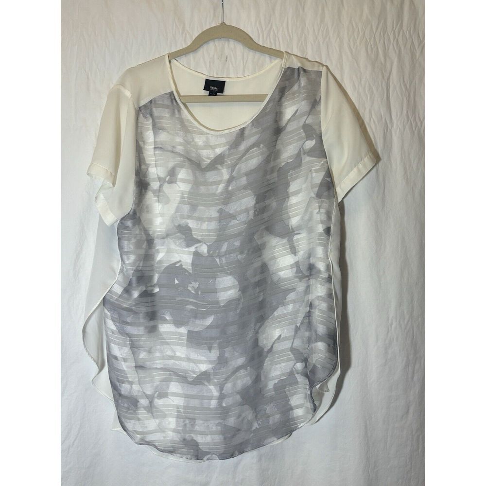 Mossimo Short Sleeve Top White Grey Side Slit Satin T-Shirt Floral Sheer XXL Y25